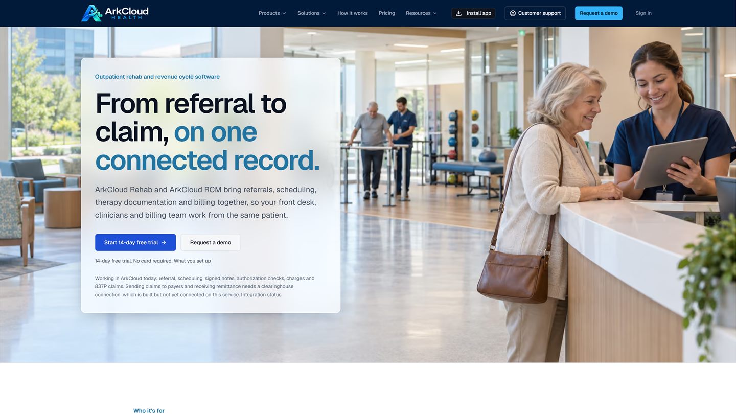 The ArkCloud Health homepage: the headline 'From referral to claim, on one connected record' over a therapy practice's reception desk