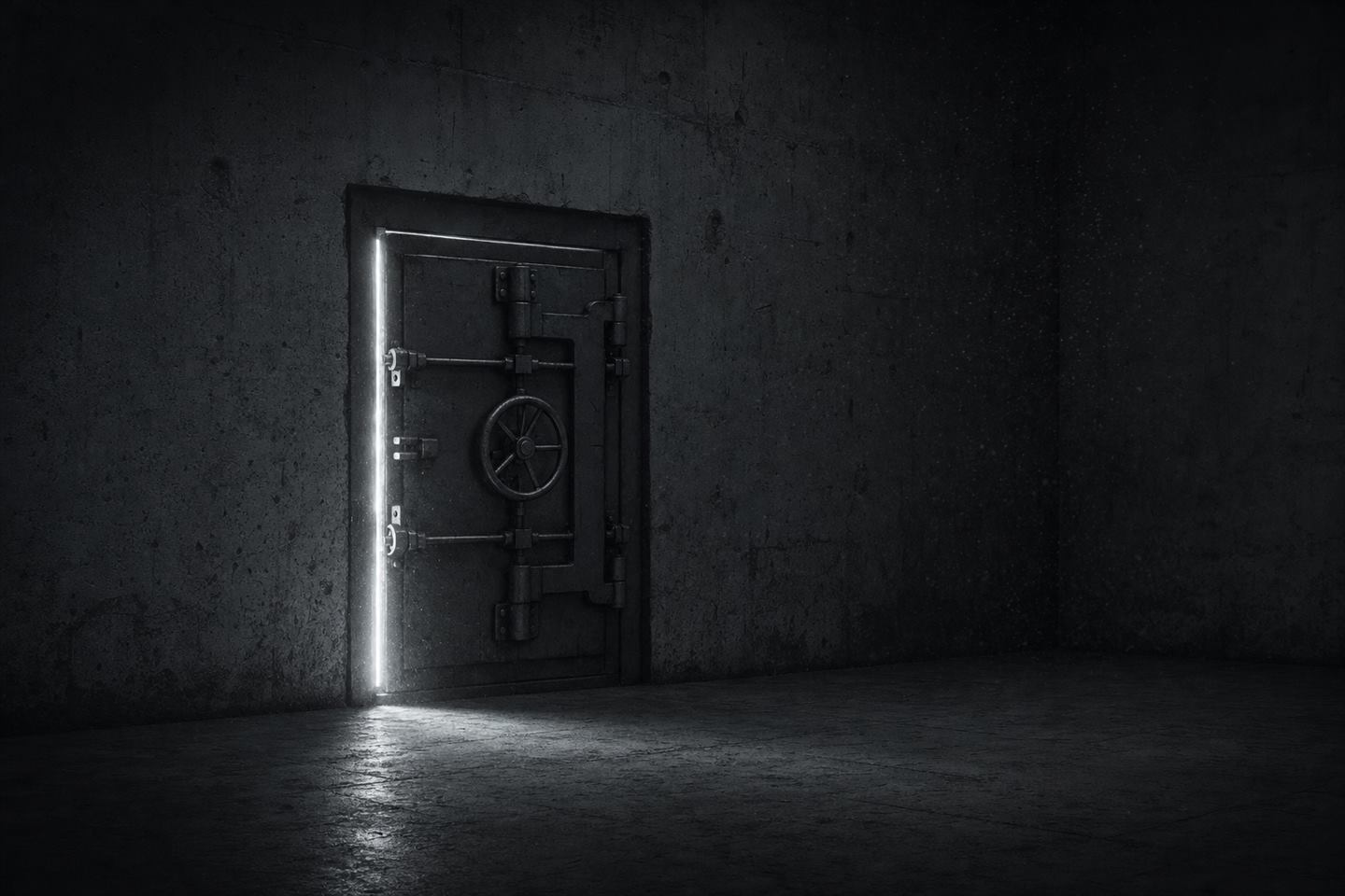 A closed steel vault door set flush into a bare concrete wall in a dark, empty room, with a hard line of cold light escaping along its frame and spilling across the floor