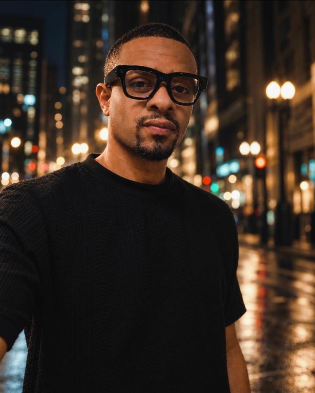 Jamaurice Holt, Atlanta-based technology founder and Senior Database Administrator, in an evening portrait on a downtown city street